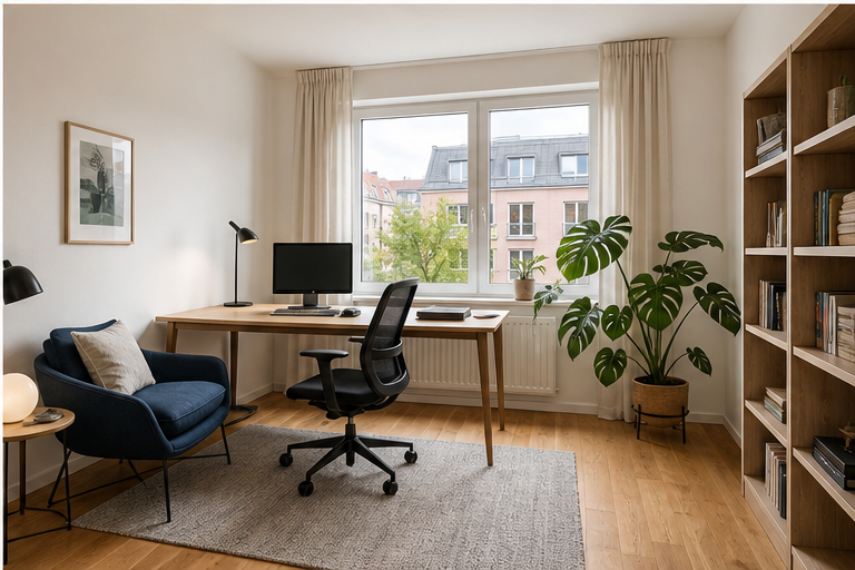 Arbeitszimmer mit Schreibtisch und Fenster