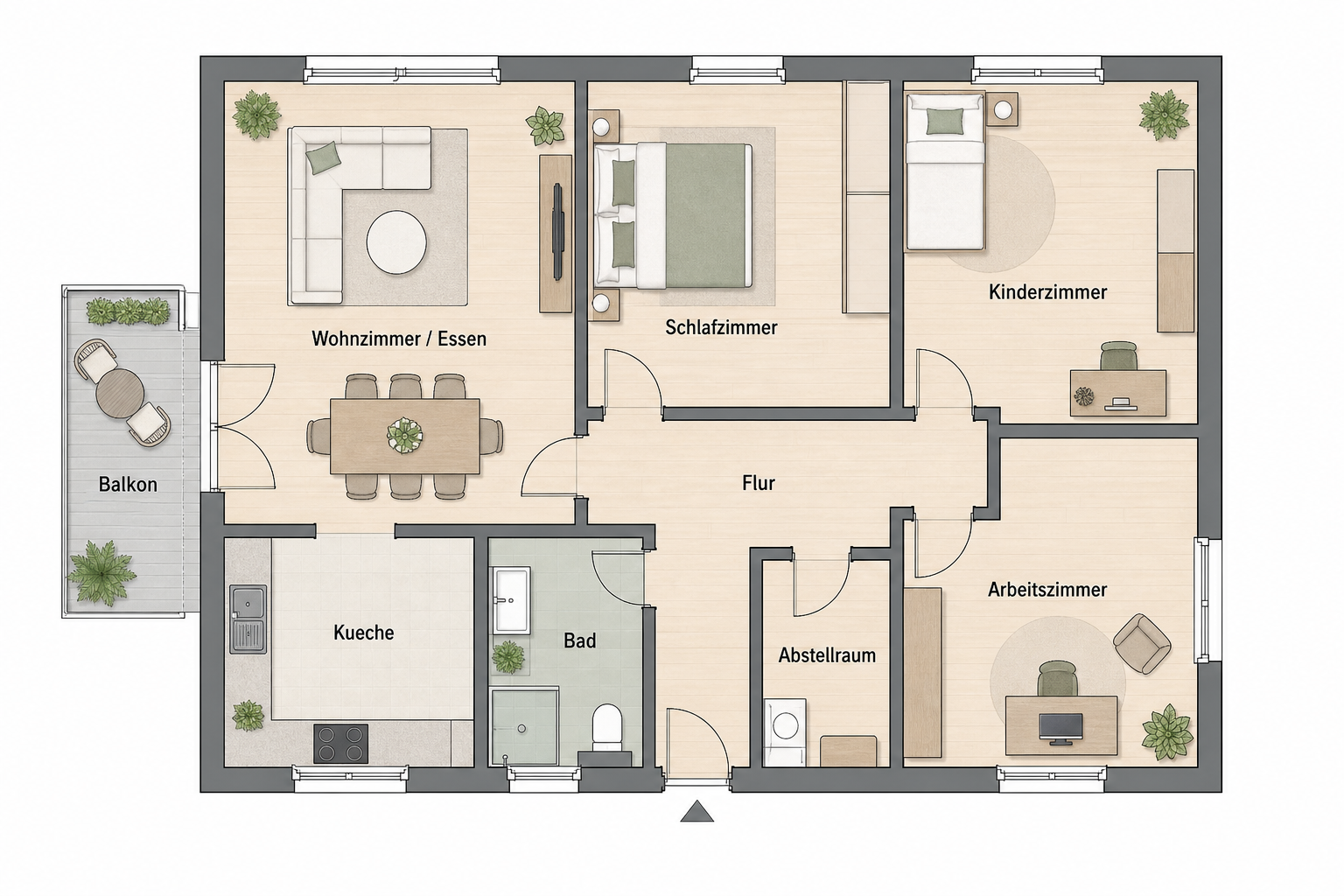 Grundriss der Wohnung mit Balkon, Küche, Bad und vier Wohnräumen
