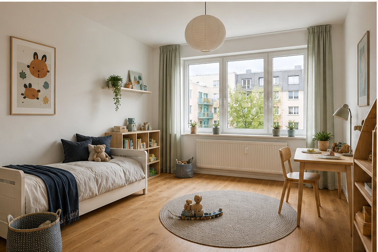 Kinderzimmer mit Bett, Fenster und Spielbereich