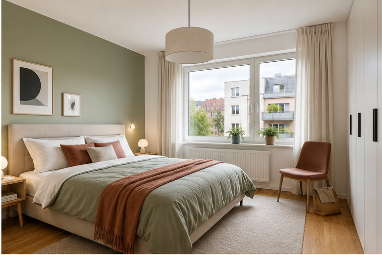 Schlafzimmer mit Doppelbett und großem Fenster